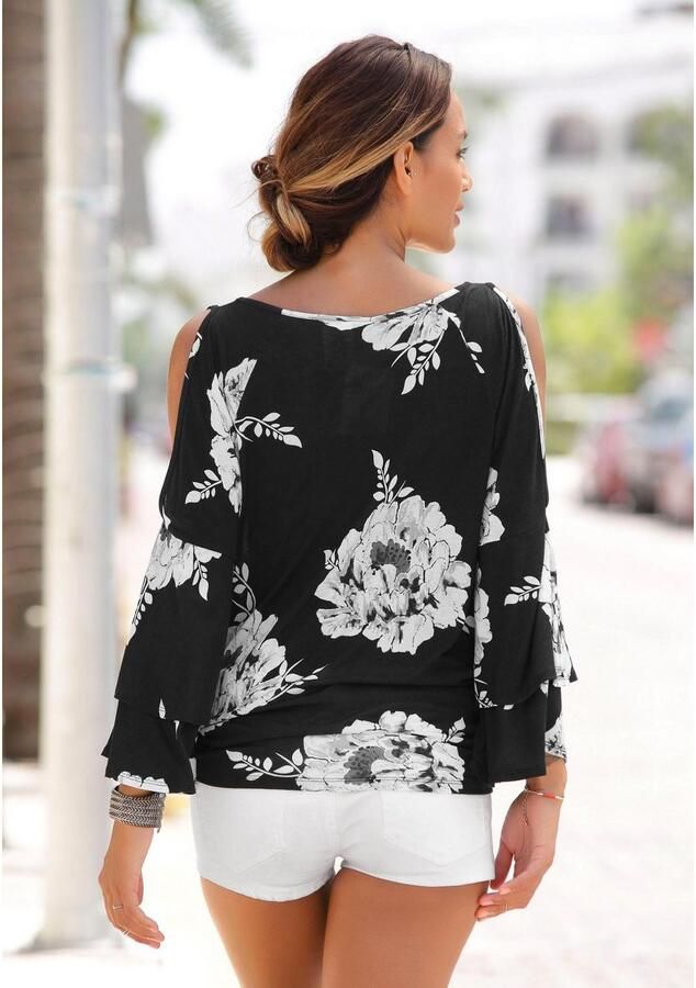 Lascana Shirt met 3 4-mouwen met trompetmouwen en cut-outs bloemenprint blouseshirt - Foto 6