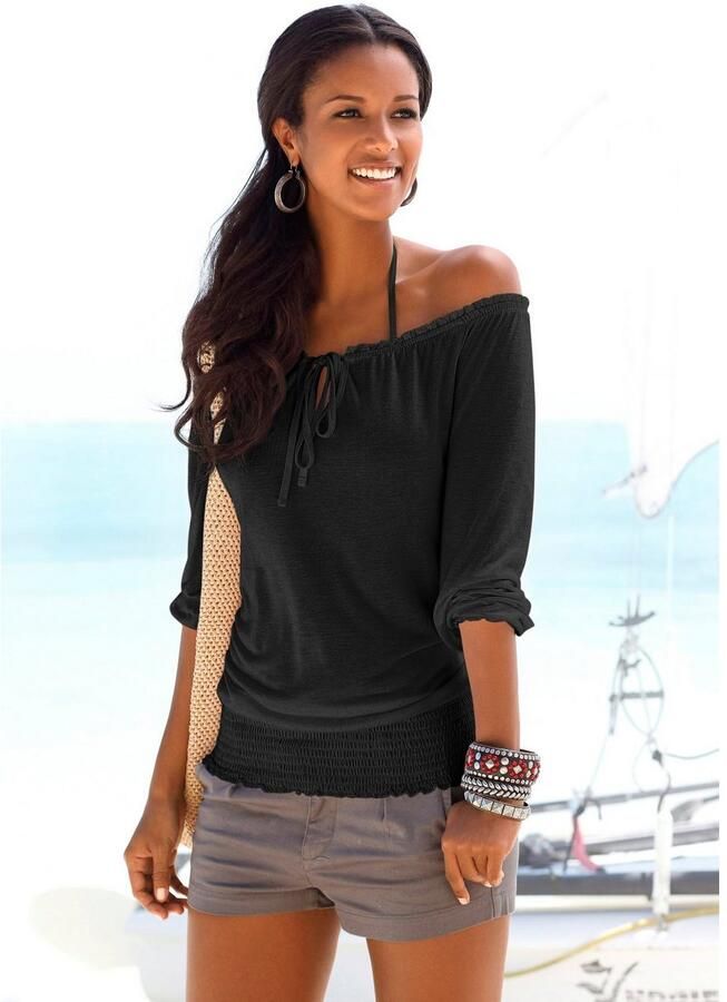 Lascana Shirt met carmenhals met 3 4-mouwen blouseshirt met striklint en elastische tailleband - Foto 2