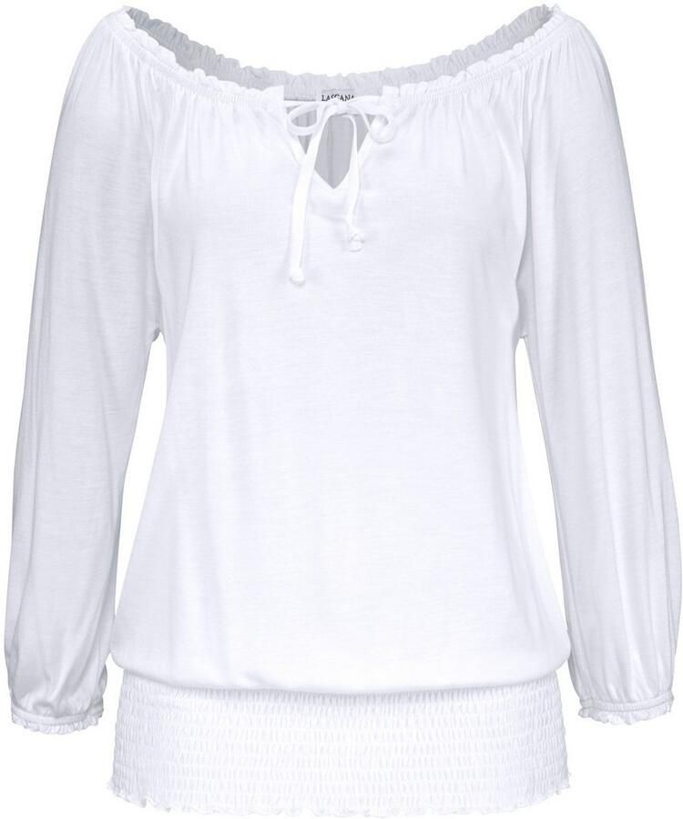 Lascana Shirt met carmenhals met 3 4-mouwen blouseshirt met striklint en elastische tailleband