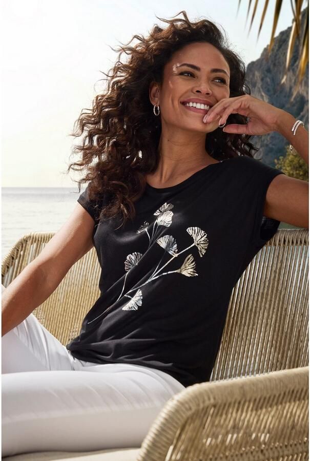 Lascana Shirt met korte mouwen Met glinsterende bloe print van elastische viscosekwaliteit - Foto 3