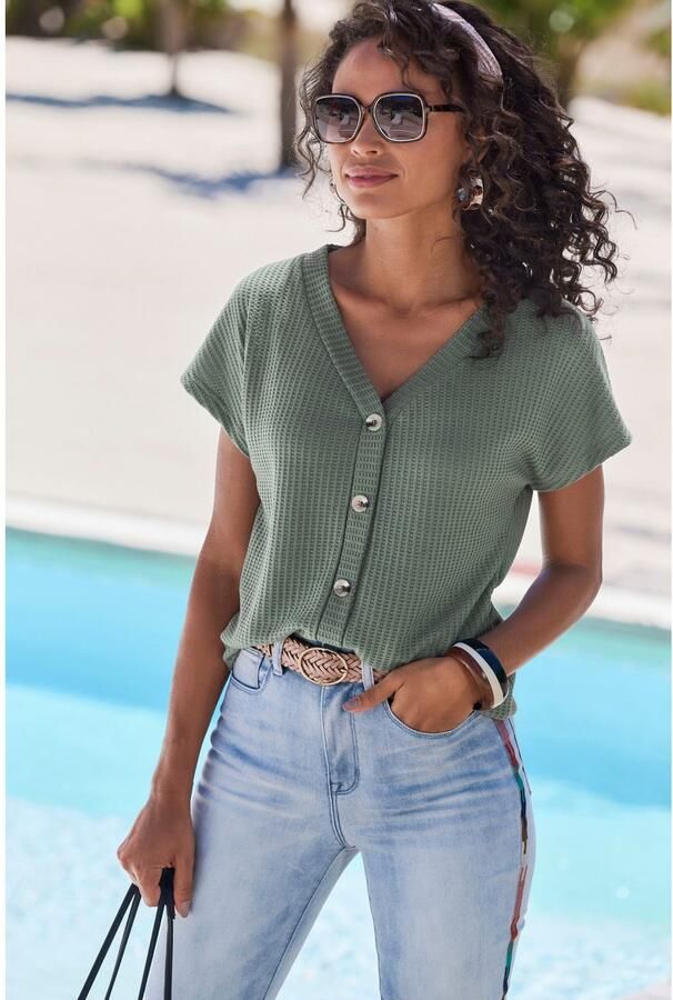 Lascana Shirt met korte mouwen Met sierknoopsluiting van zachte piquékwaliteit (1-delig) - Foto 3