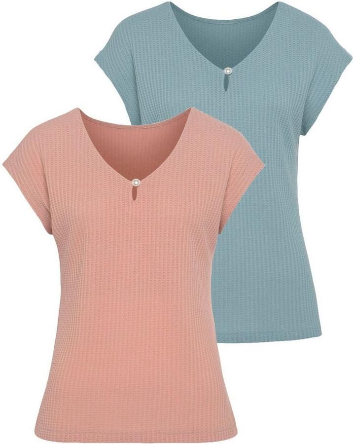 Lascana Shirt met korte mouwen Met sierkraaltje van zachte piquékwaliteit (2-delig Set van 2)