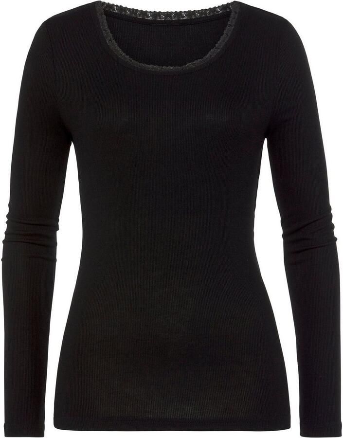 Lascana Shirt met lange mouwen Met fijne kant bij de hals van zachte viscose-ribkwaliteit (1-delig)