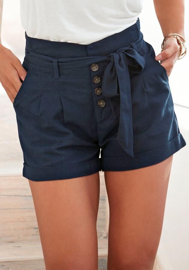 Lascana Short en knoopsluiting korte broek linnenbroek zomershort (Met een bindceintuur) - Foto 6