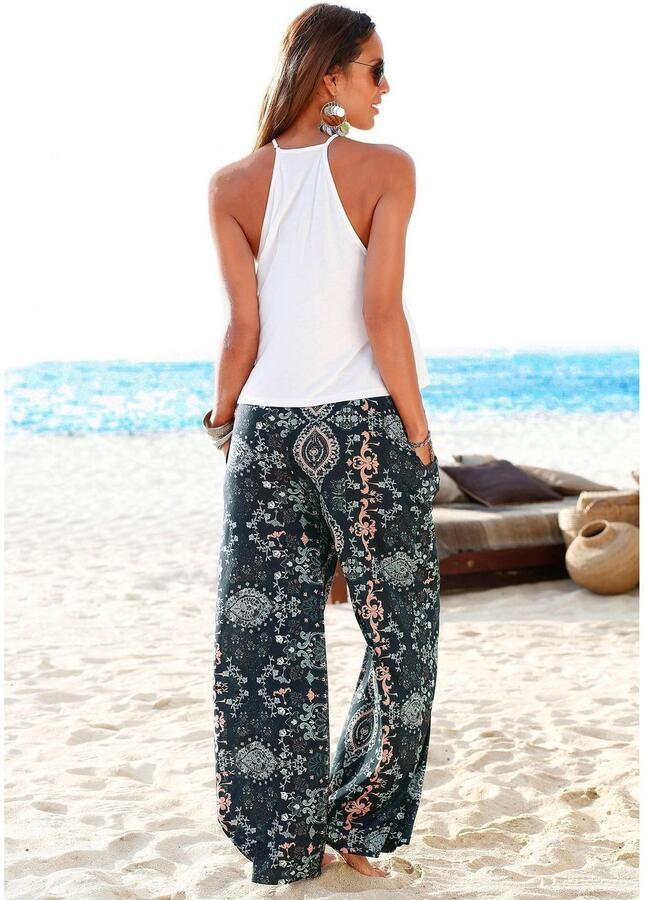 Lascana Strandbroek met etnische print en zakken wide leg marlene broek