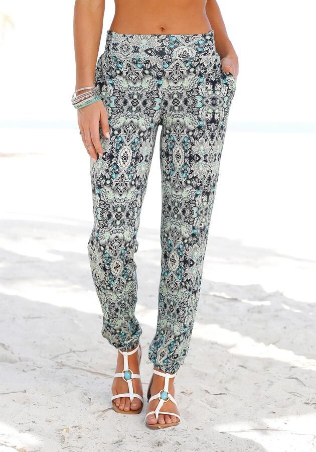 Lascana Strandbroek met etnische print en zakken zomerbroek jersey broek