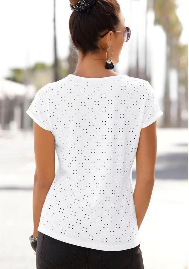 Lascana Strandshirt met geborduurde oogjes t-shirt met korte mouwen basic - Foto 6