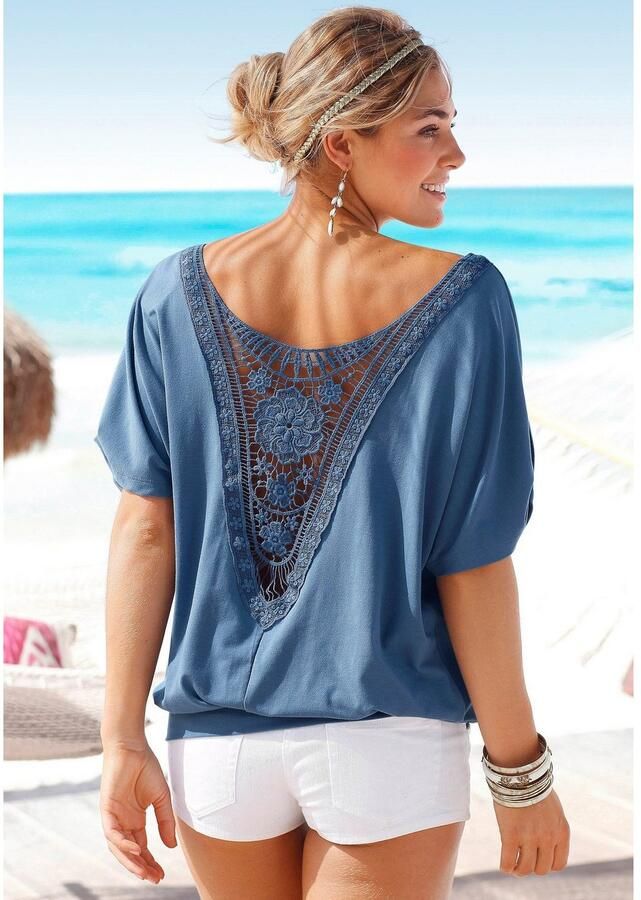 Lascana Strandshirt met gehaakt inzet op de rug t-shirt wijde pasvorm luchtig en los