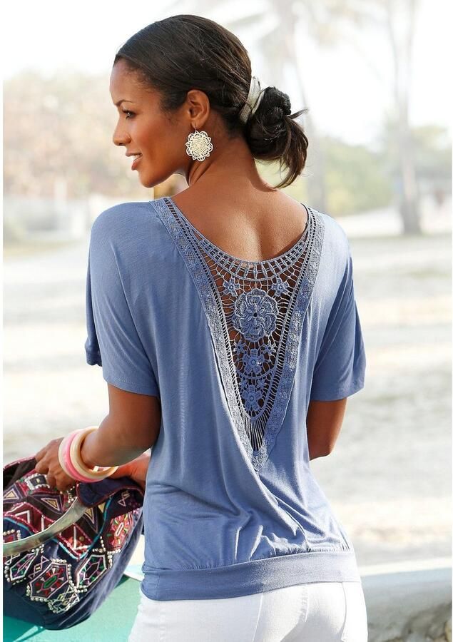 Lascana Strandshirt met gehaakt inzet op de rug t-shirt wijde pasvorm luchtig en los - Foto 6