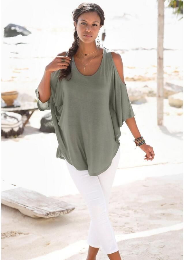 Lascana Strandshirt met sierbandje bovenaan de rug longshirt 3 4 mouwen off-the-shoulder - Foto 3