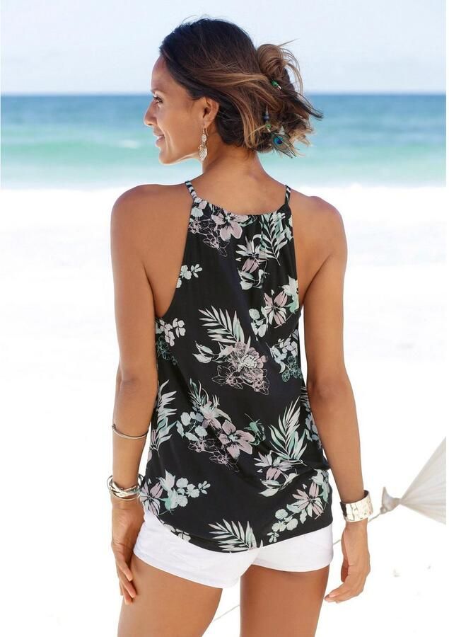 Lascana Strandtop met tropische print en split aan de hals spaghettitop - Foto 4