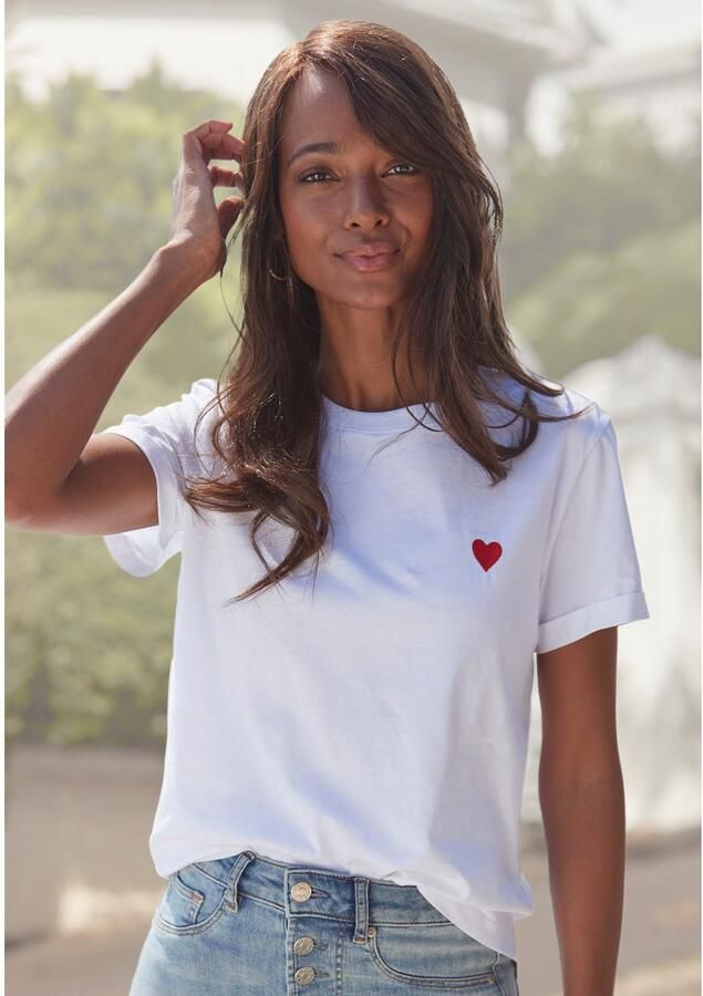 Lascana T-shirt met schattige geborduurde hartjes katoenen shirt met korte mouwen - Foto 3