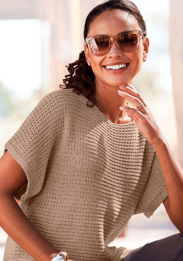 Lascana Trui met korte mouwen in luchtig ajour breiwerk lichte zomertrui metallic-effect - Foto 6