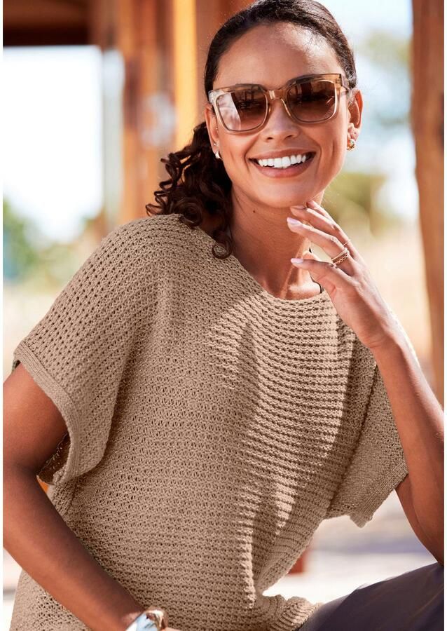 Lascana Trui met korte mouwen in luchtig ajour breiwerk lichte zomertrui metallic-effect - Foto 4