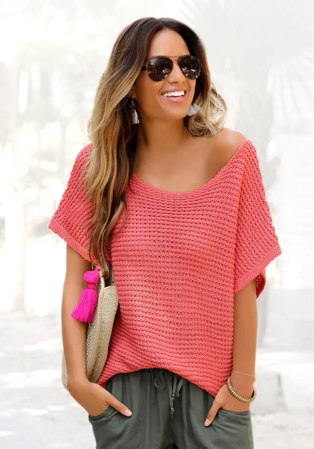 Lascana Trui met korte mouwen in luchtige ajour gebreide stof gebreide trui zomers - Foto 4