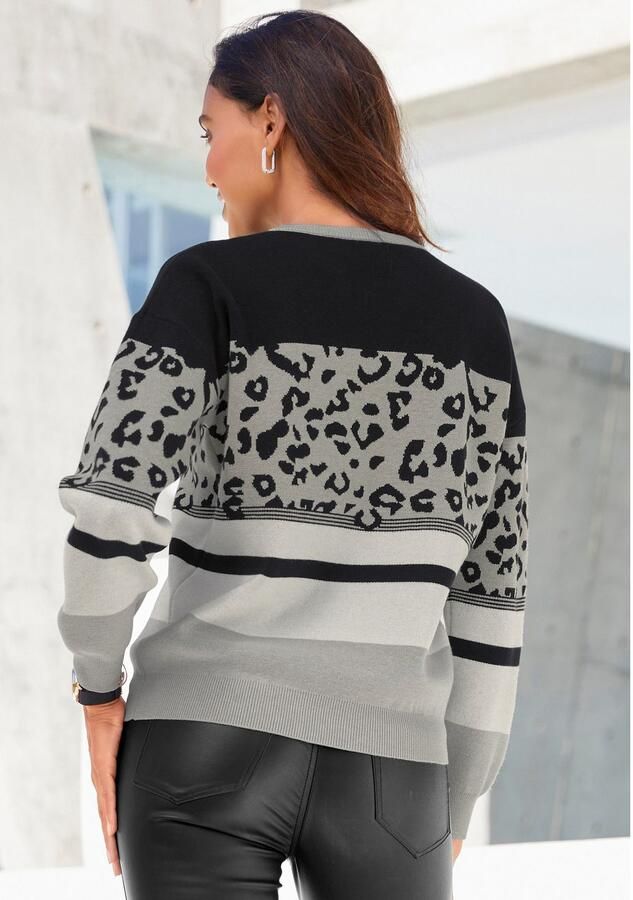 Lascana Trui met ronde hals met dierenprint losse gebreide trui met modieus patroonmix - Foto 4