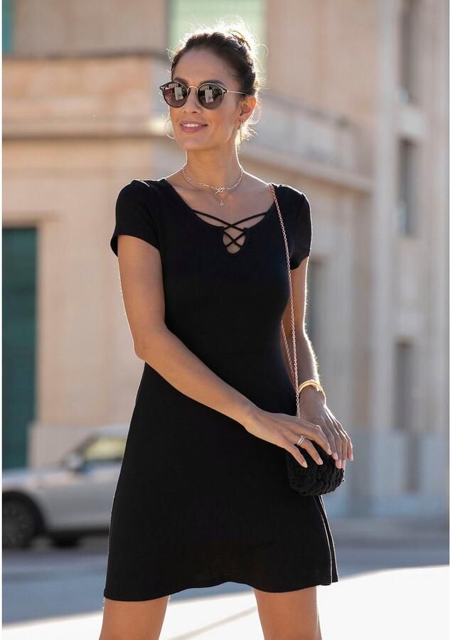 Lascana Zomerjurk met sierbandjes bij de halslijn mini jurk met stretch strandjurk - Foto 4