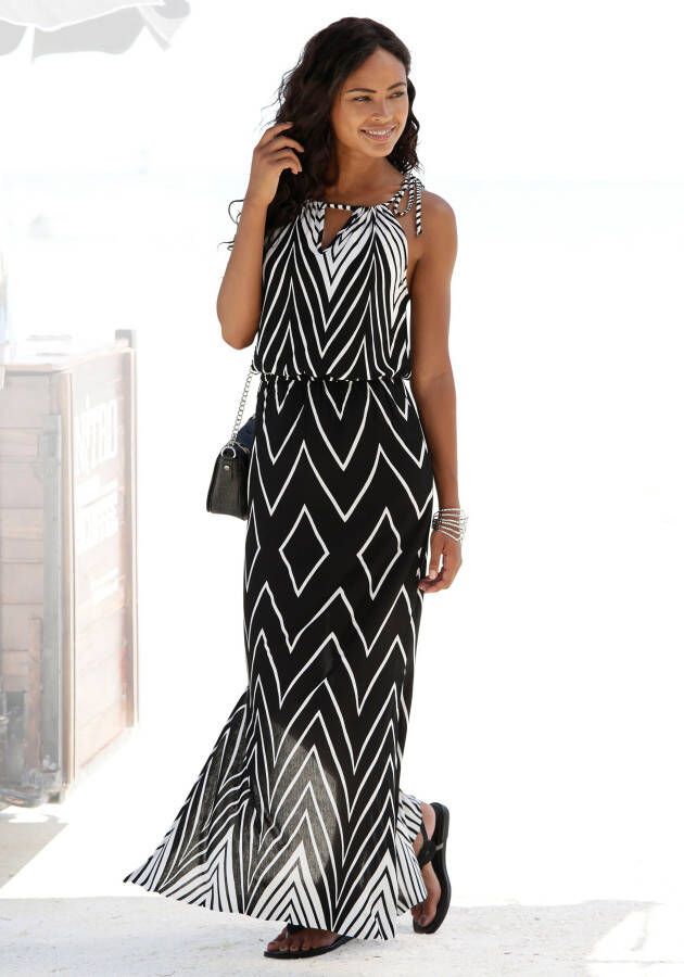 Lascana Maxi-jurk in zwart-wit design met split zomerjurk strandjurk