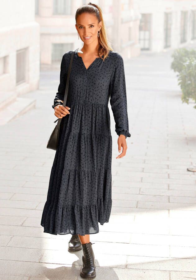 Lascana Maxi-jurk met all-over print en volants lange mouwen jurk met print casual-chic