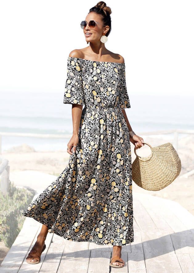 Lascana Maxi-jurk met bloemenprint en carmen halslijn zomerjurk strandjurk
