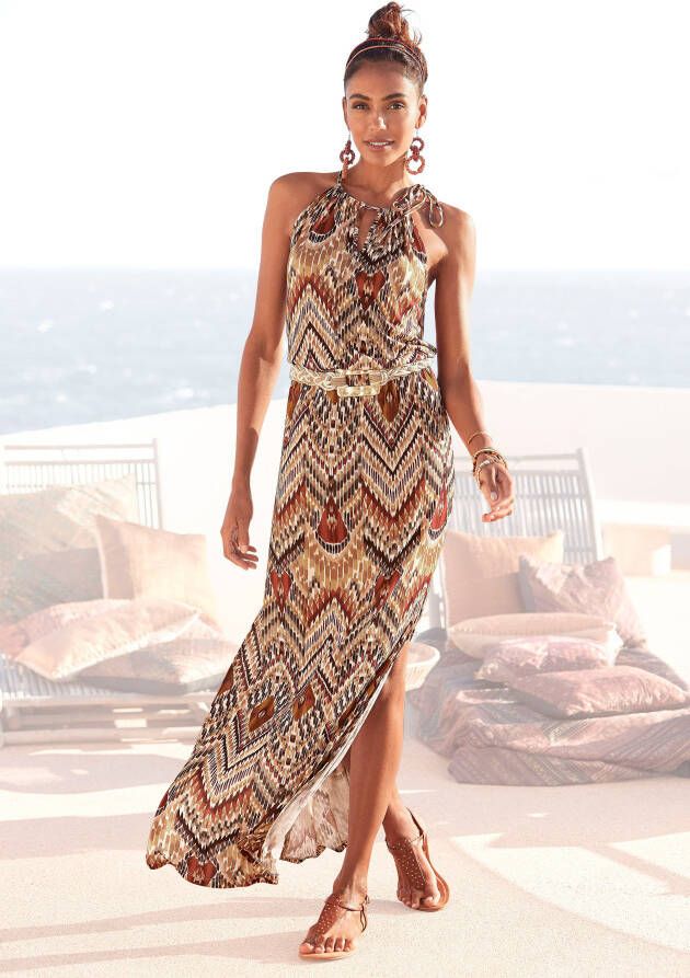 Lascana Maxi-jurk met modieuze halslijn in etnische print zomerjurk strandjurk