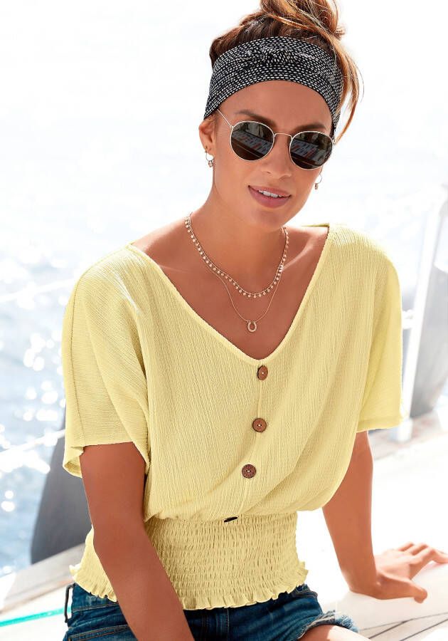 Lascana Shirt met V-hals met brede gesmokte zoom en kraag overhemdblouse zomers