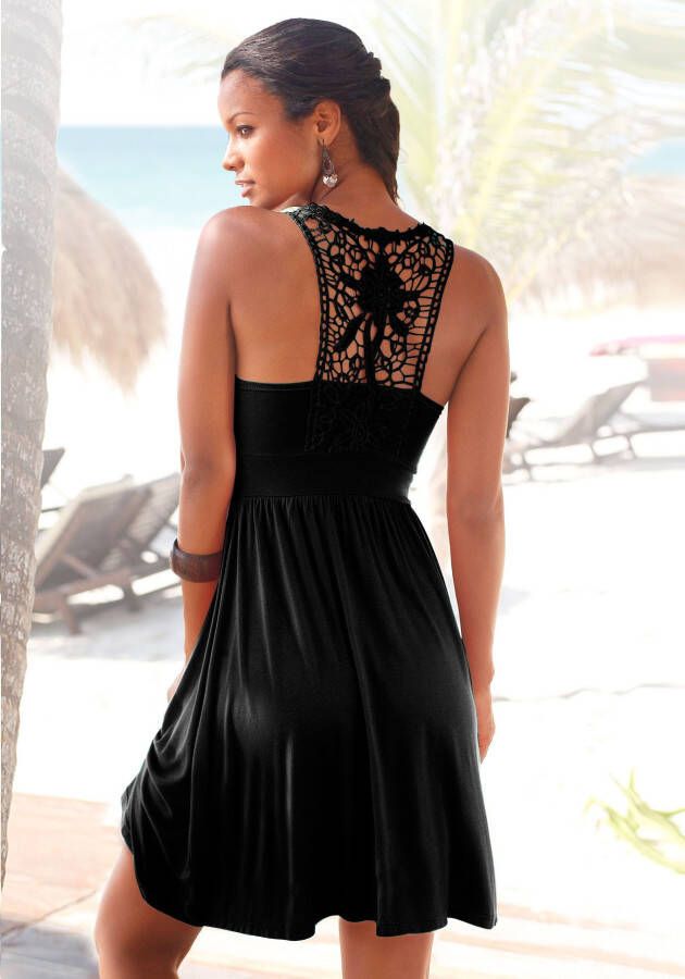Lascana Strandjurk met kanten rug elastische zomerjurk kanten jurk