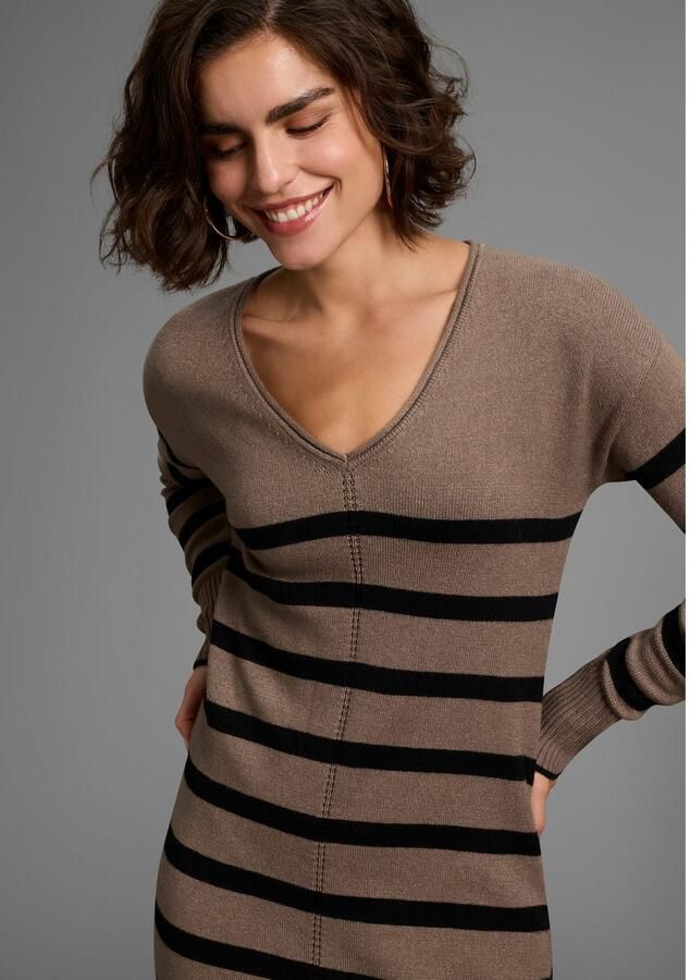 Laura Scott Gebreide jurk in midi-lengte met strepen en v-neck nieuwe collectie