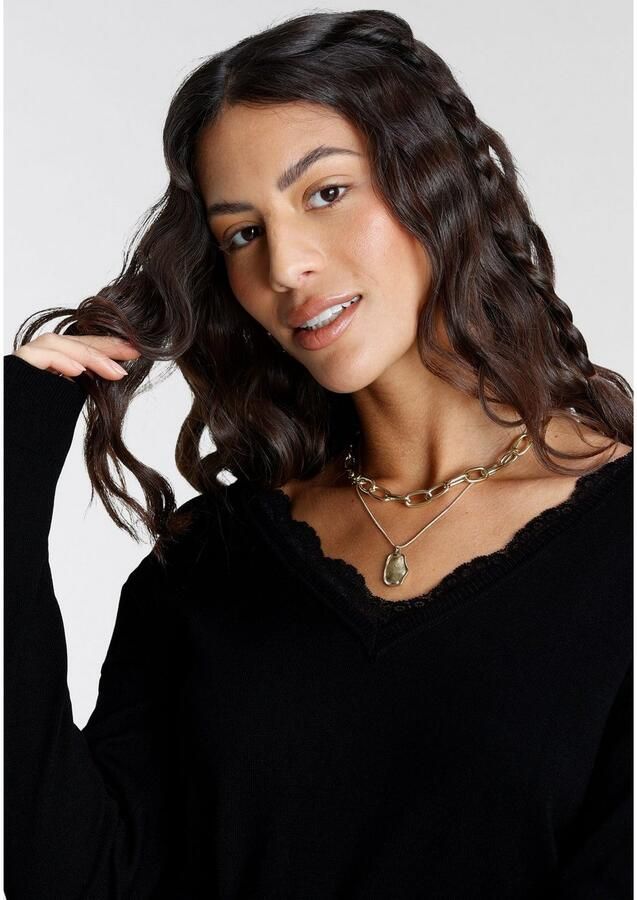 Laura Scott Gebreide trui met kant bezette v-hals - Foto 2