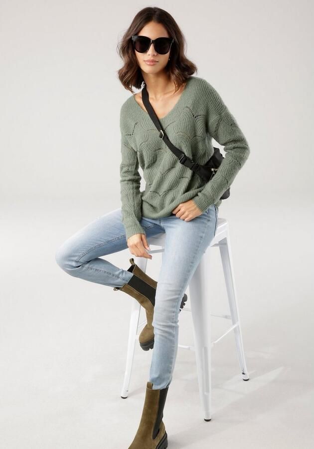 Laura Scott Gebreide trui zachte overgangsbreisel met v-neck en trendy ajourpatroon - Foto 6