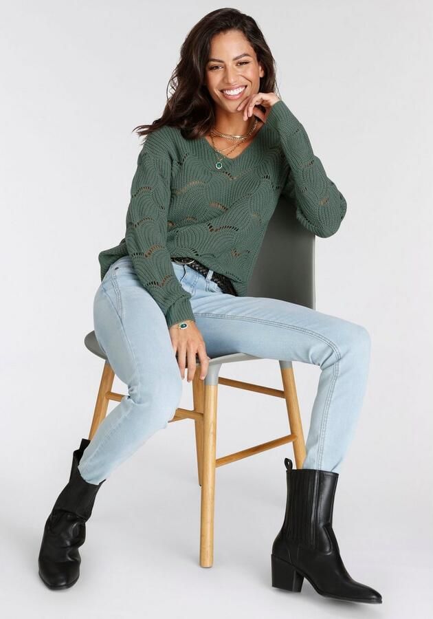 Laura Scott Gebreide trui zachte overgangsbreisel met v-neck en trendy ajourpatroon - Foto 9