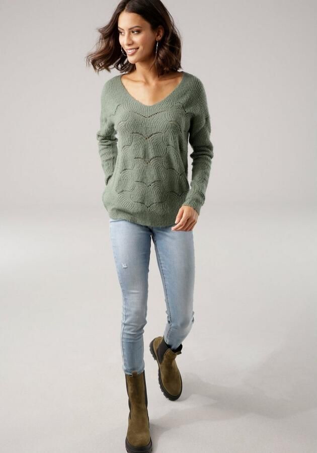 Laura Scott Gebreide trui zachte overgangsbreisel met v-neck en trendy ajourpatroon - Foto 10