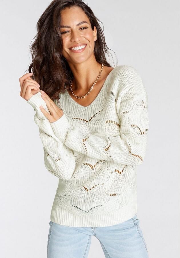 Laura Scott Gebreide trui zachte overgangsbreisel met v-neck en trendy ajourpatroon - Foto 4