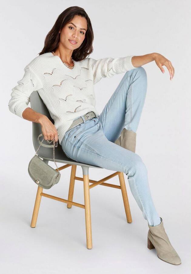 Laura Scott Gebreide trui zachte overgangsbreisel met v-neck en trendy ajourpatroon - Foto 6