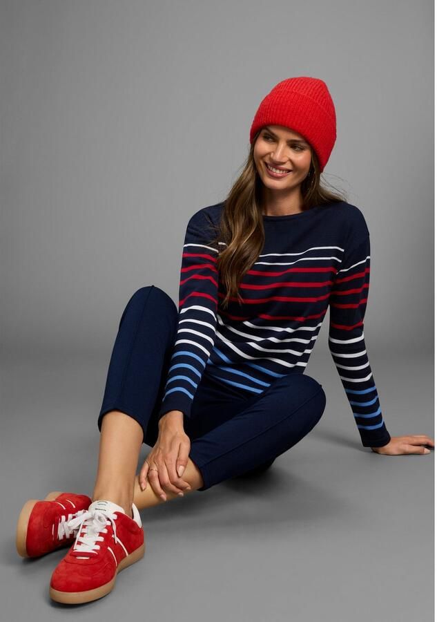 Laura Scott Gestreepte trui Fijn gebreide trui met ronde hals en strikband - Foto 3