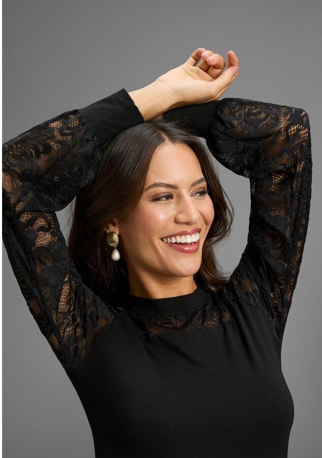 Laura Scott Kanten shirt met edel kant in mouwen en halslijn nieuwe collectie