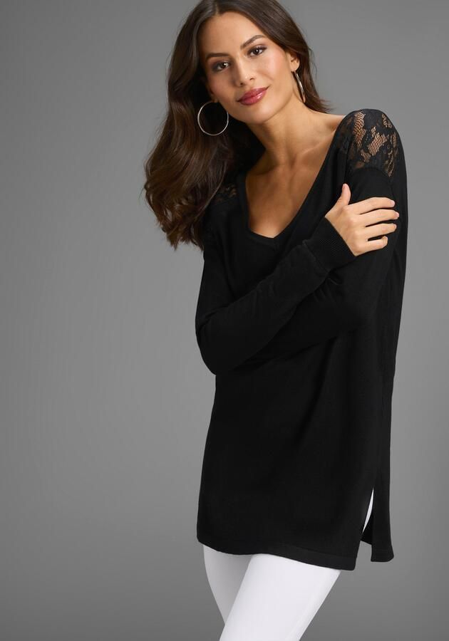 Laura Scott Lange trui Fijn gebreide trui met kantdetails en spliten NIEUWE COLLECTIE - Foto 6