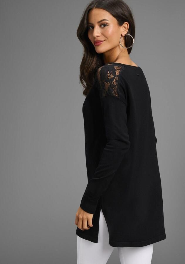 Laura Scott Lange trui Fijn gebreide trui met kantdetails en spliten NIEUWE COLLECTIE - Foto 4