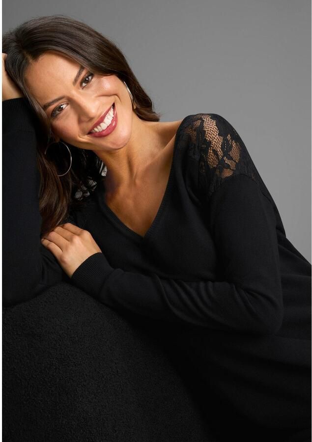 Laura Scott Lange trui Fijn gebreide trui met kantdetails en spliten NIEUWE COLLECTIE - Foto 2