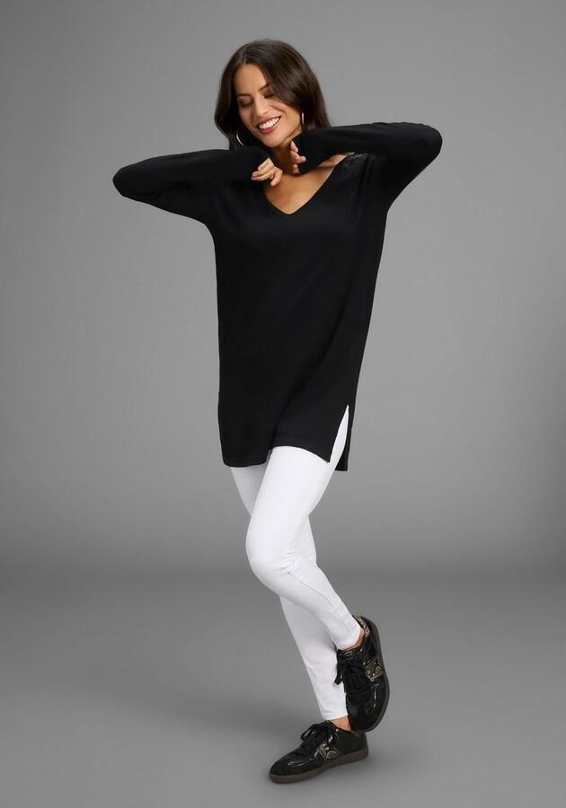 Laura Scott Lange trui Fijn gebreide trui met kantdetails en spliten NIEUWE COLLECTIE - Foto 5