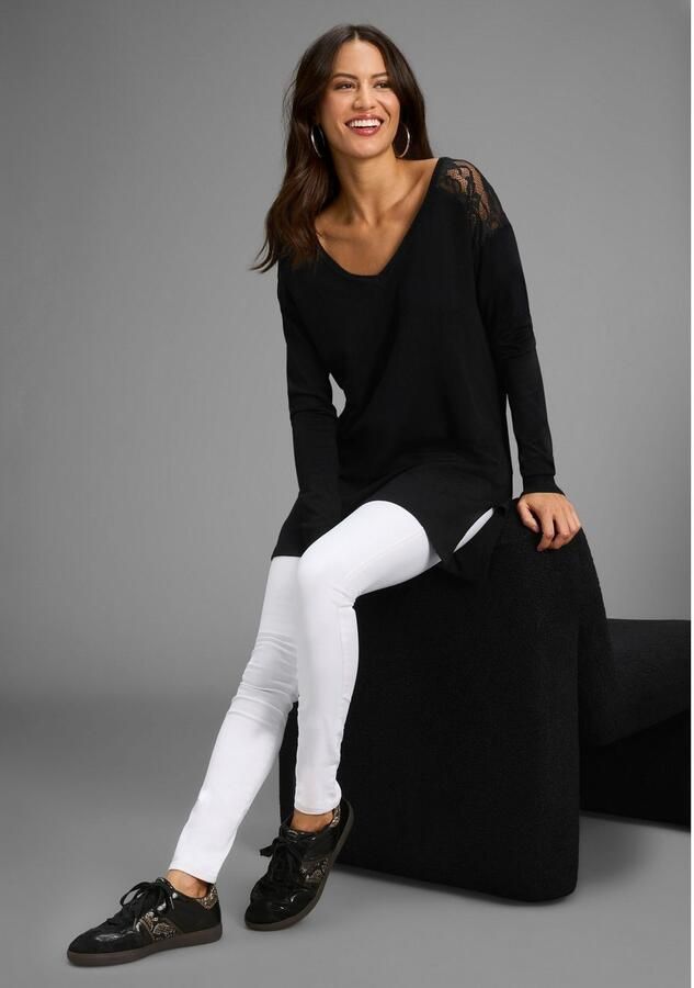 Laura Scott Lange trui Fijn gebreide trui met kantdetails en spliten NIEUWE COLLECTIE - Foto 3