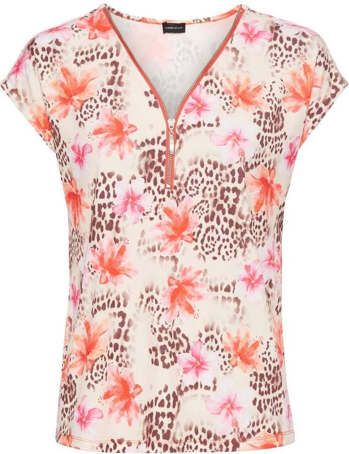 Laura Scott Shirt met korte mouwen met ritssluiting bij de v-hals