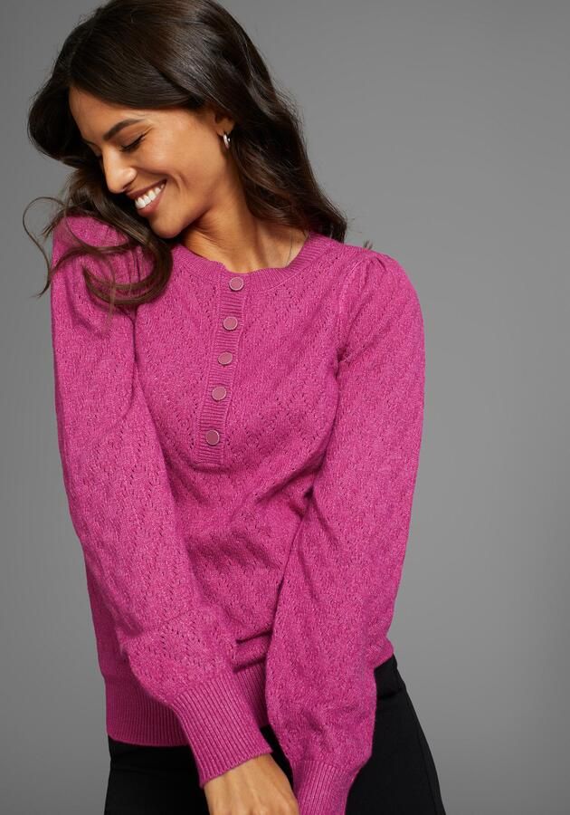 Laura Scott Trui met ronde hals met knoopsluiting en ajourpatroon - Foto 6