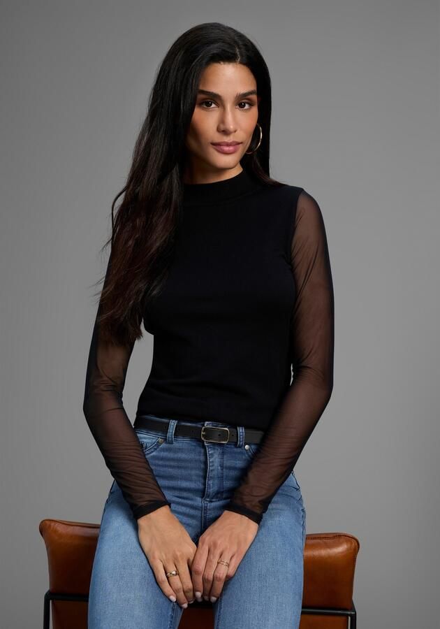 Laura Scott Trui met staande kraag Fijn gebreide trui in nauwsluitende pasvorm met mesh NIEUWE COLLECTIE - Foto 6