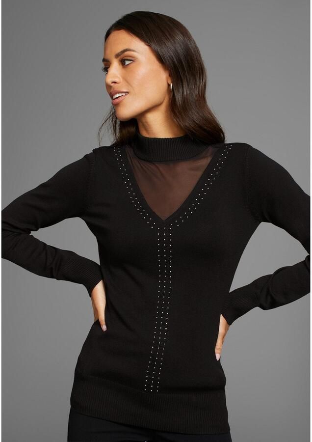 Laura Scott Trui met staande kraag met glinsterende sierstenen en mesh-applicatie - Foto 2