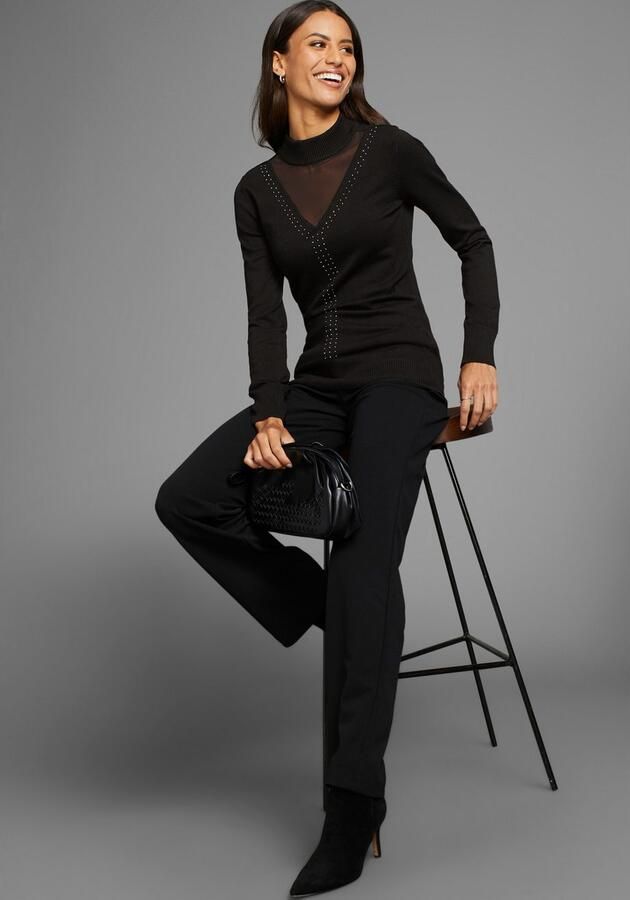 Laura Scott Trui met staande kraag met glinsterende sierstenen en mesh-applicatie - Foto 5