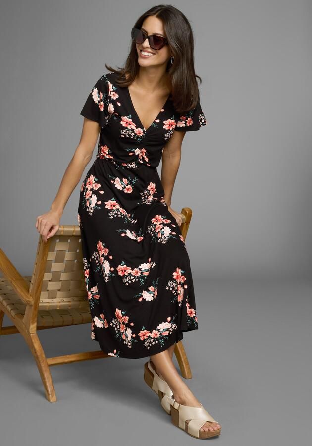 Laura Scott Zomerjurk met ro tische bloe print en rimpeling midijurk - Foto 2