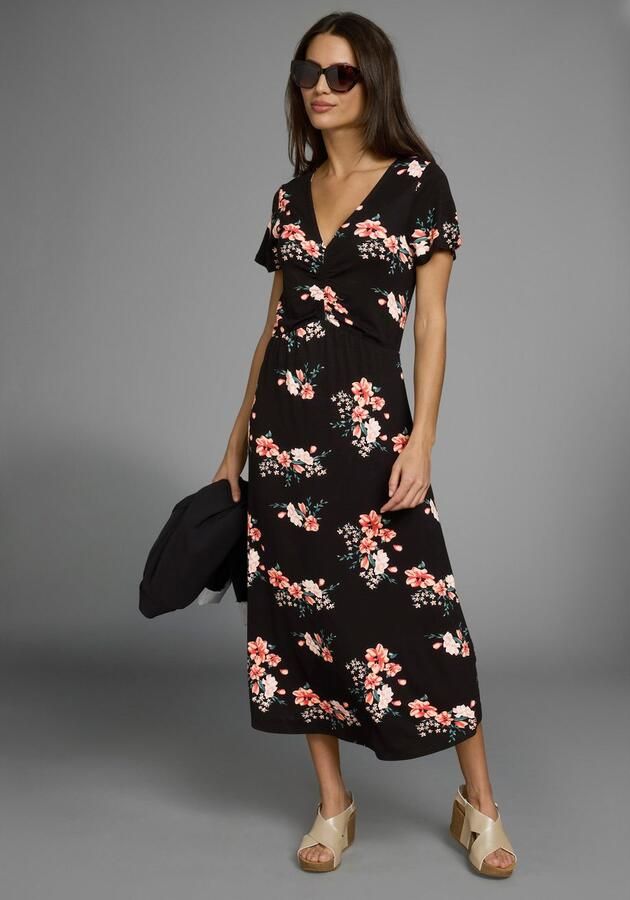 Laura Scott Zomerjurk met ro tische bloe print en rimpeling midijurk - Foto 3