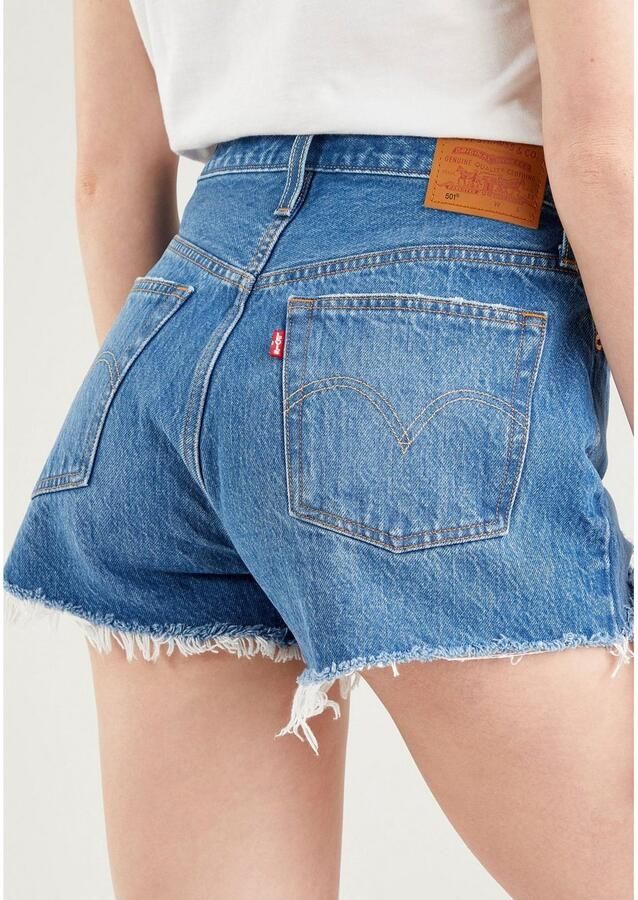 Levi's Blauwe Katoenen Jeans Broek Kort 501 5 Zakken Versleten Effect Logo Blue Dames - Foto 5