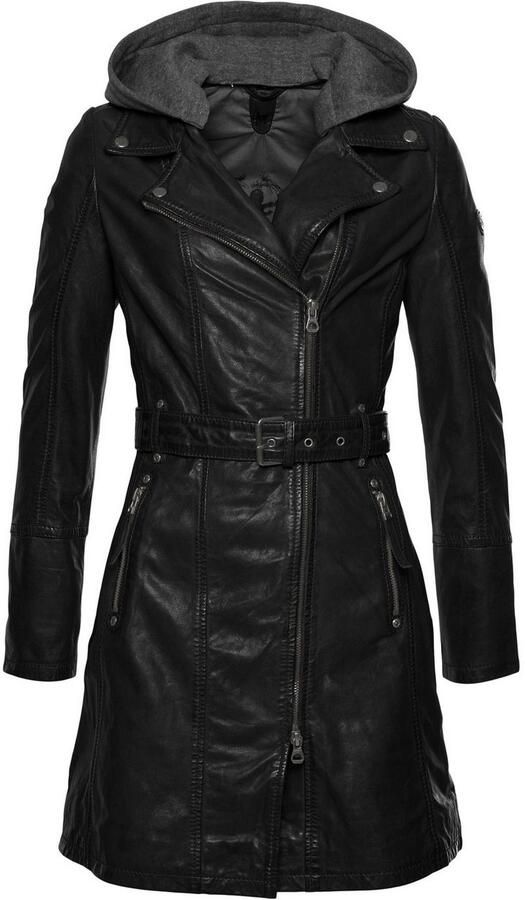 Mauritius Lange leren jas Seneka2 met riem afneembare jerseycapuchon en coole biker-details - Foto 8